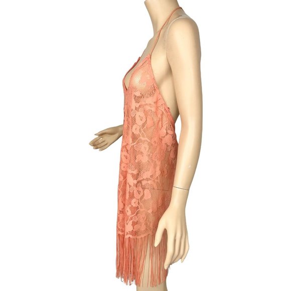 Flying Tomato Boho Swimsuit Cover Up Dress Sheer Lace Halter V Neck Fringe Small - Picture 2 of 11